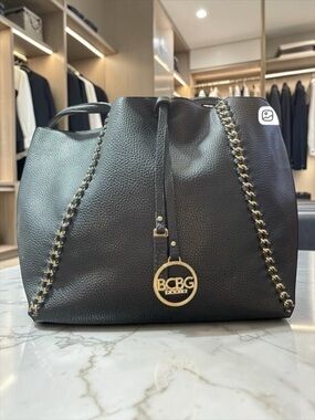 BCBG Paris Black Chain-Trim Charm Large Oversized Tote Shoulder Bag Maximalist‌